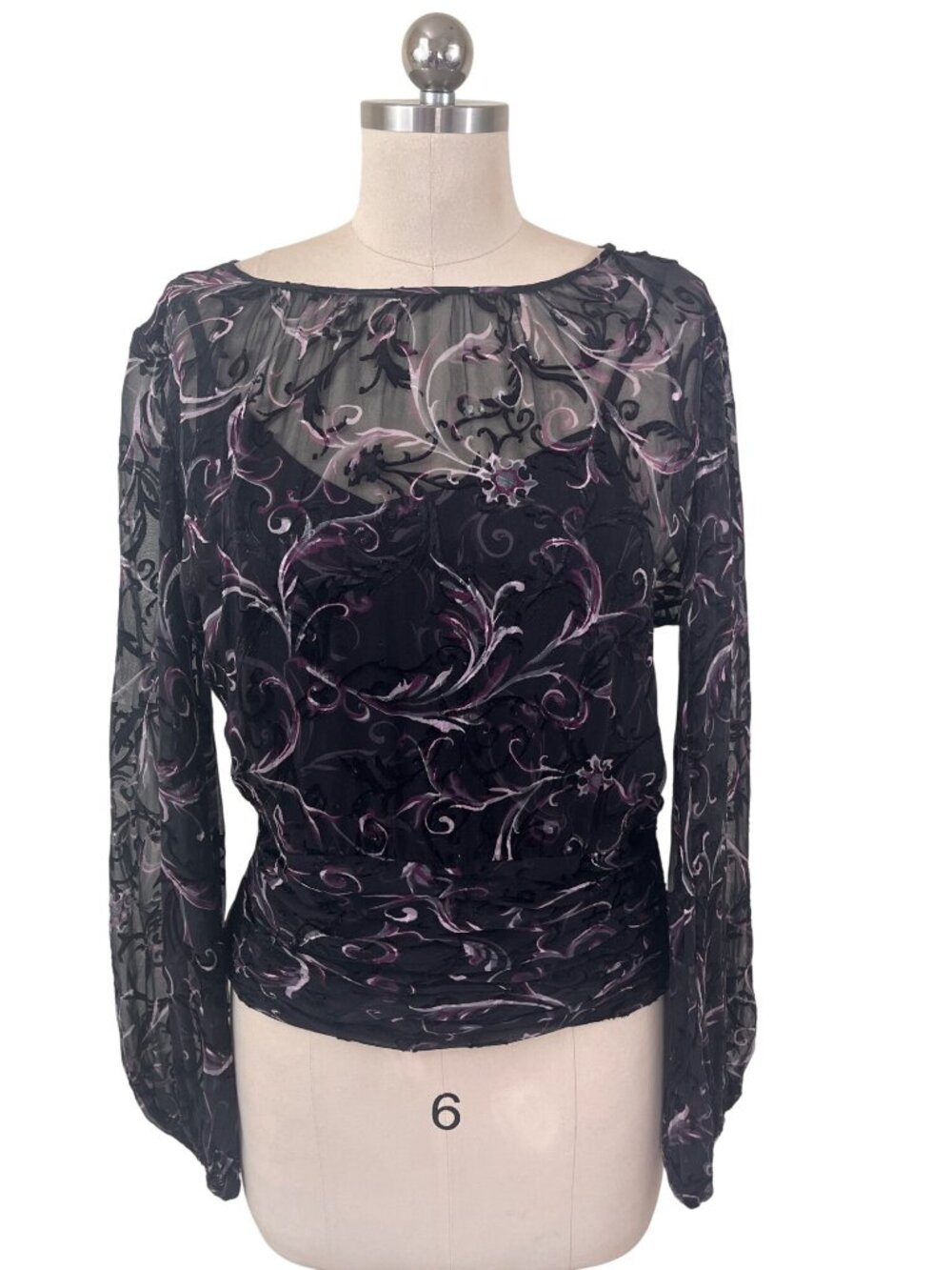 WHBM Burnout Velvet Snatch Waist Blouse 10 Floral Sheer Whimsigoth Dark Romantic